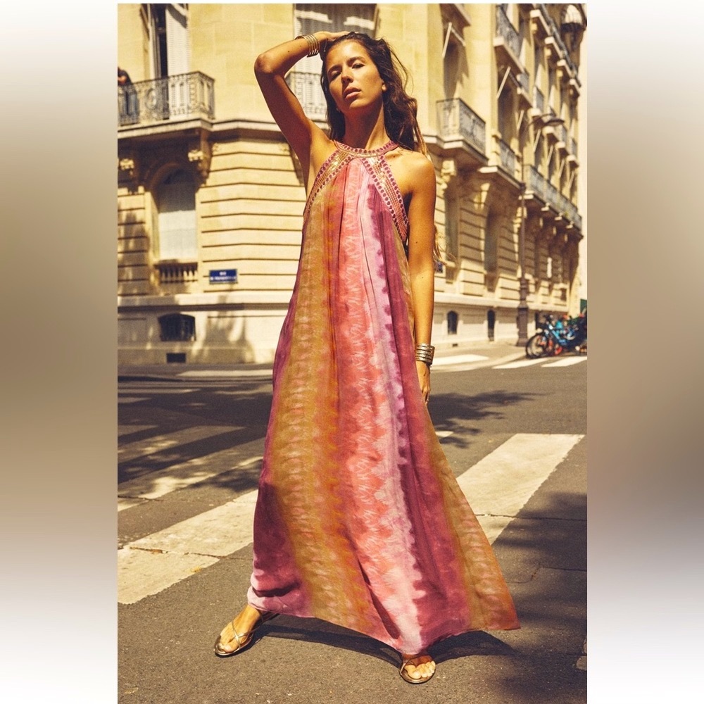 Zara chiffon SEQUIN beaded embellished TIE-DYE maxi DRESS sz.S - Picture 5 of 17